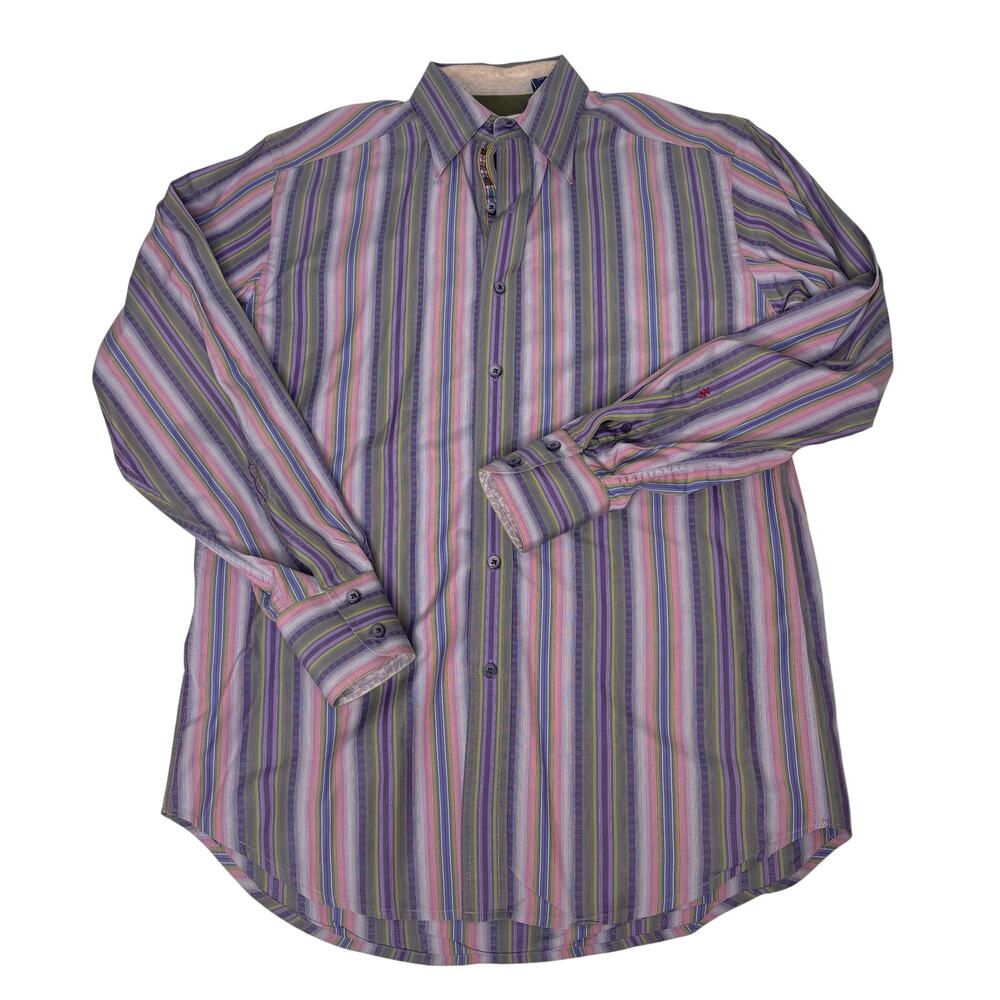 Robert Graham Vertical Purple Stripe Men’s Dress Shirt Cotton M